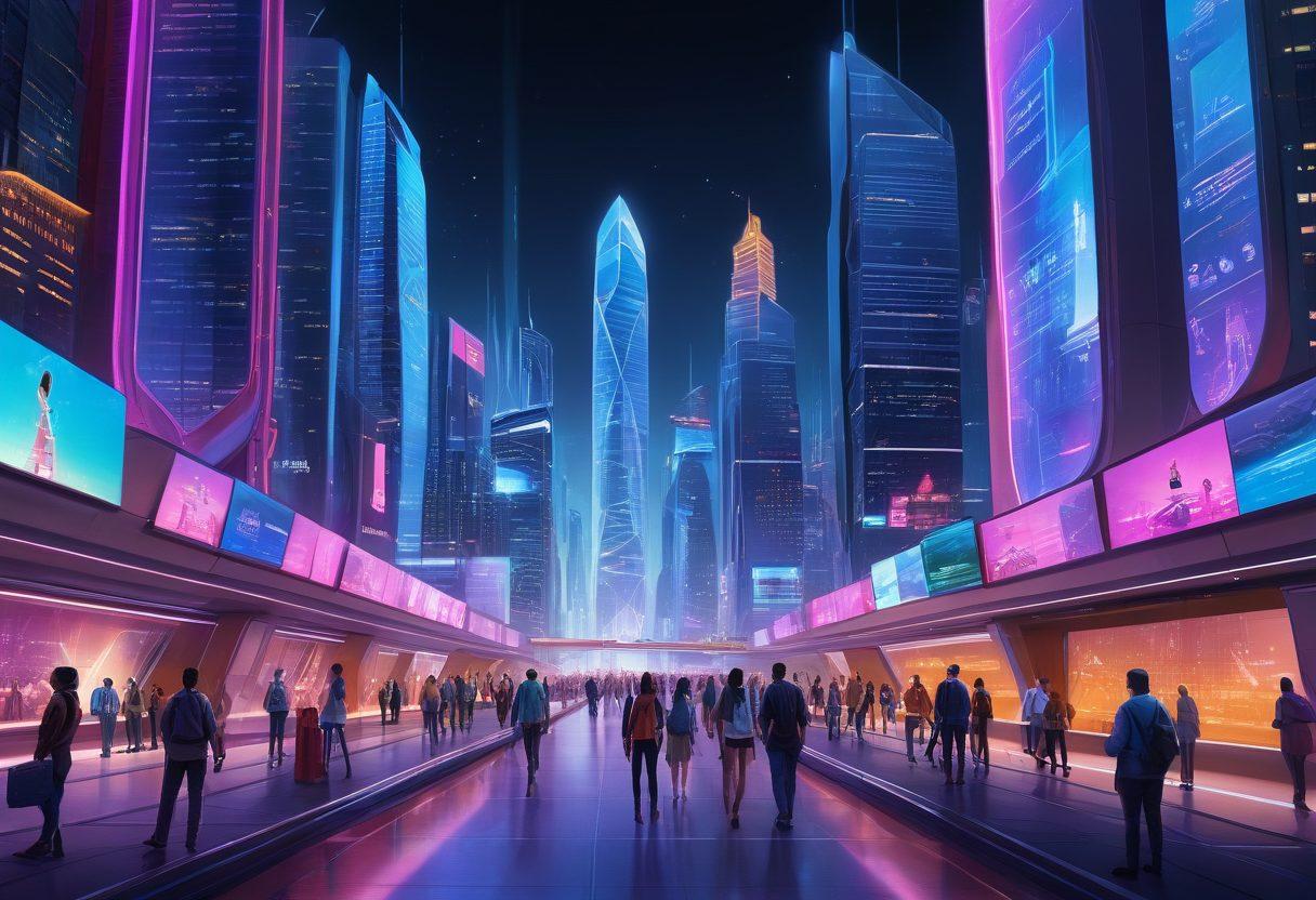 A futuristic cityscape where digital credentials hover as holographic badges over avatars of professionals, showcasing diverse skills and career paths; a guidebook labeled 'Certaport' glows prominently. super-realistic. vibrant colors. high-tech ambiance.