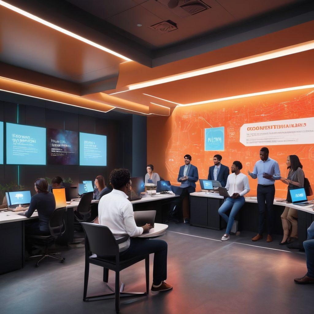 Illustrate a dynamic scene with diverse professionals celebrating their new certifications amidst a backdrop of digital credentials displayed on large screens. Include icons of popular certification platforms. Show modern gadgets like laptops and smartphones, symbolizing online learning. super-realistic. vibrant colors. futuristic style.